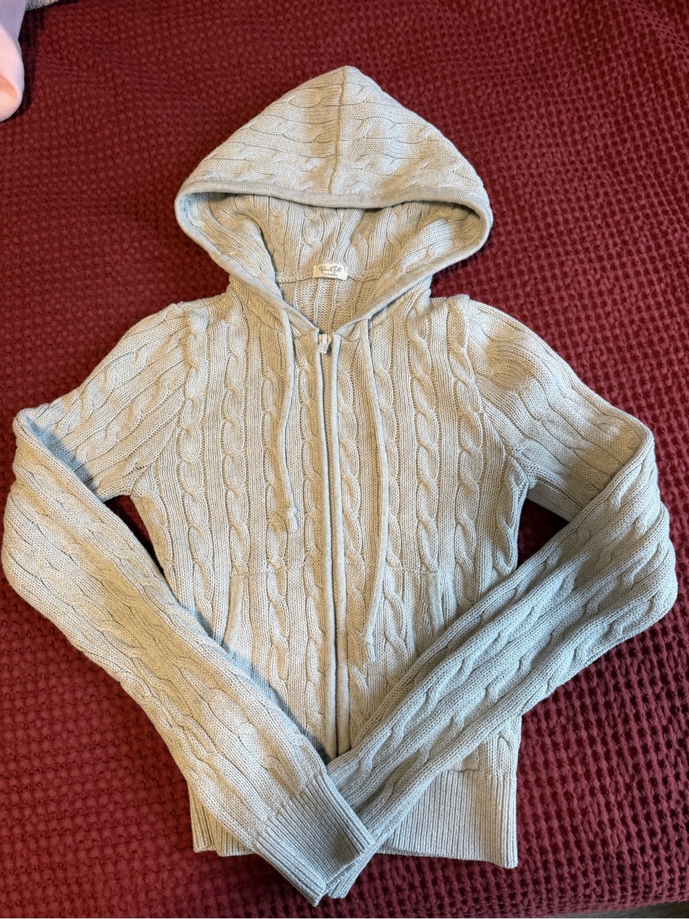 Brandy Melville Cable-Knit Hooded Zip Sweater - Light Gray